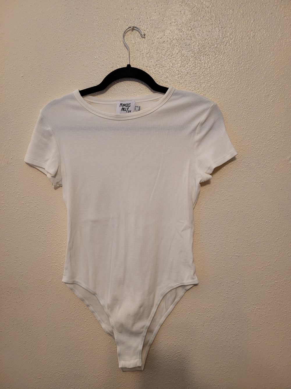 Princess Polly White Ribbed Short Sleeve Bodysuit Size 8 Large Minimalist